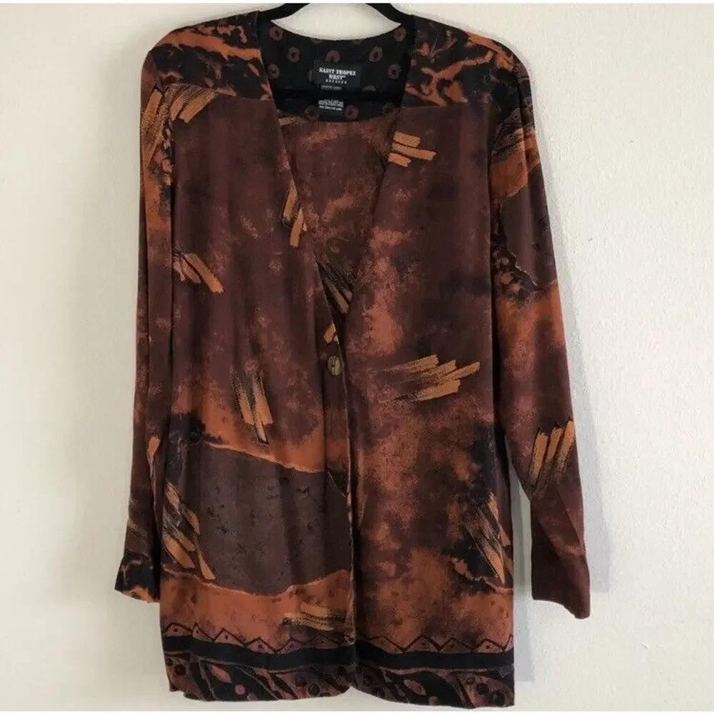 Vintage Saint Tropez West Size 14 Orange Black Long Sleeve Cardigan Top Coverup